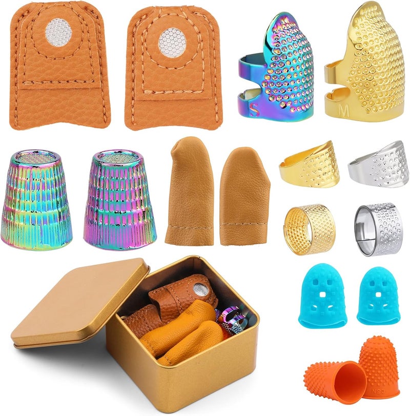 Ftyiwu Sewing Thimble, Hand Sewing Thimble with Storage Box, Adjustable Metal Sewing Thimble, Leather Finger Protector, DIY Hand Sewing Tool Accessories - Image 1
